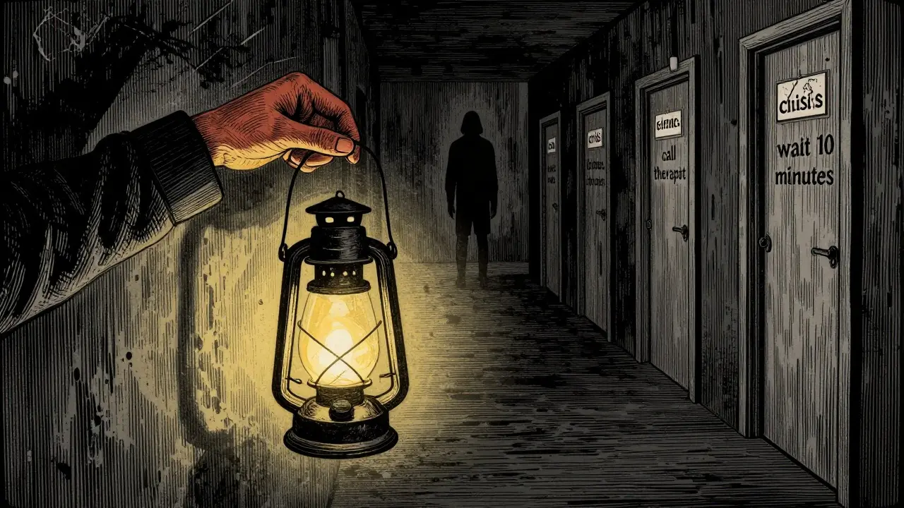 Ruka drží lucernu v temné chodbě, osvětluje cestu s popisky pro krizové reakce.