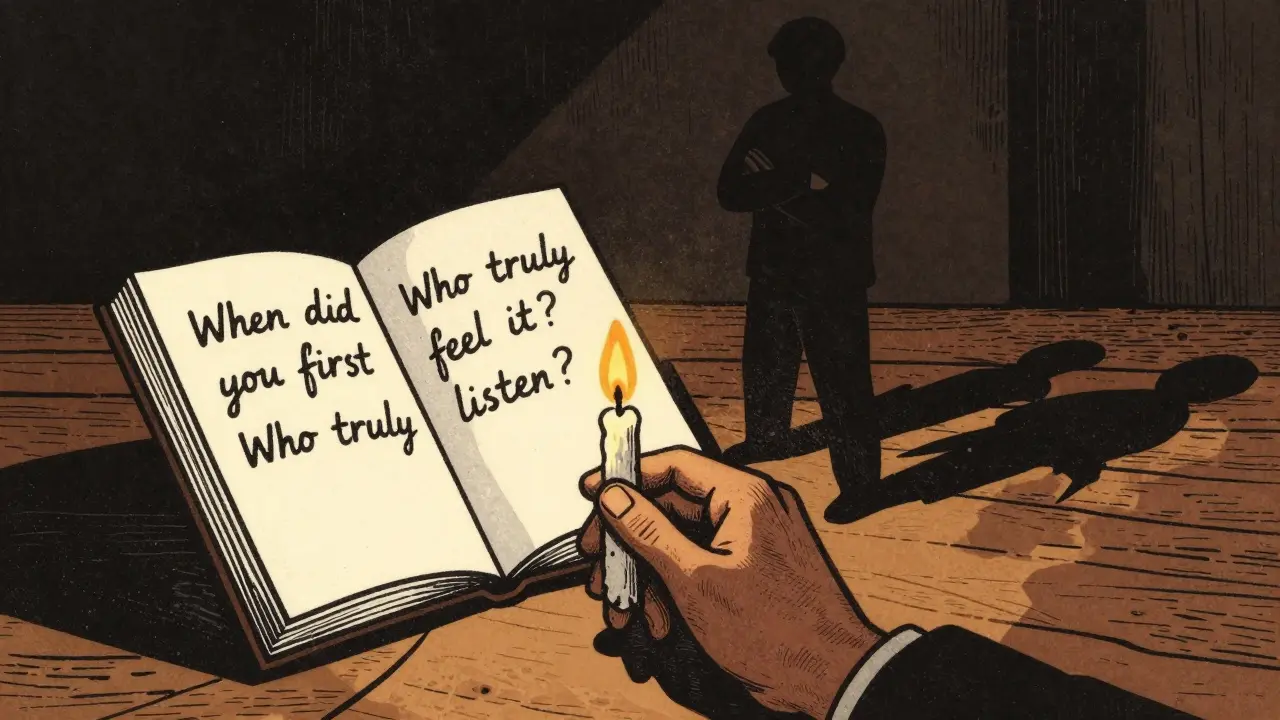 Ruka drží svíčku u otevřeného deníku s otázkami o citovém životě.