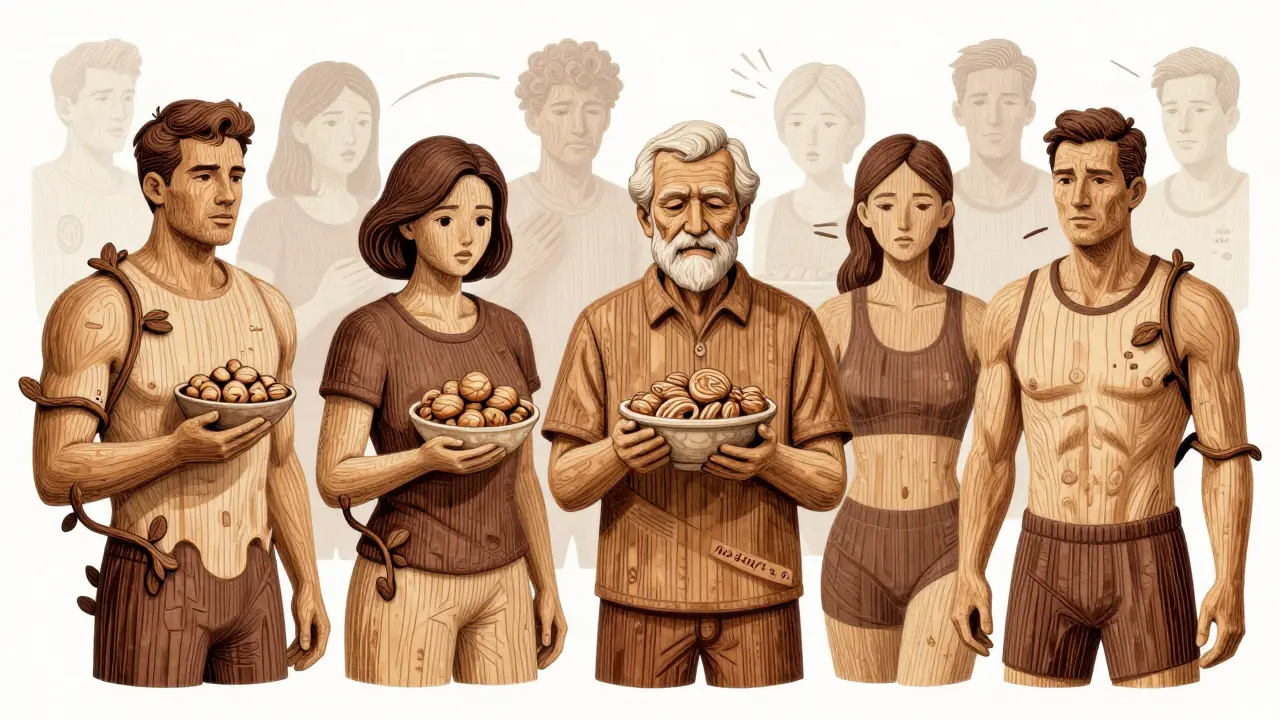 Různí lidé drží jídlo, ale jejich těla jsou částečně rozpadlá, obklopena proutky pravidel o čistotě jídla.