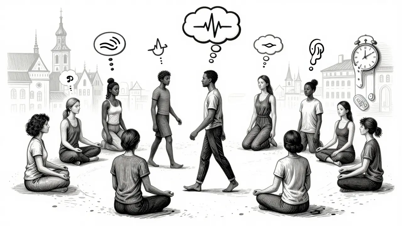 Skupina lidí cvičící mindfulness, nad nimi se rozpouštějí symboly dechu a myšlenek.