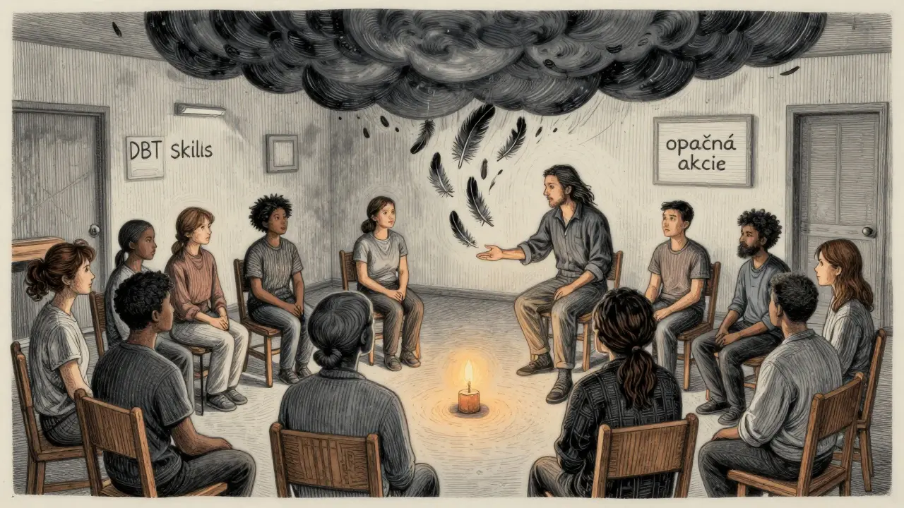 Skupina lidí se sešla na DBT tréninku, jeden ukazuje opačnou akci, temná mrak se mění v peří.