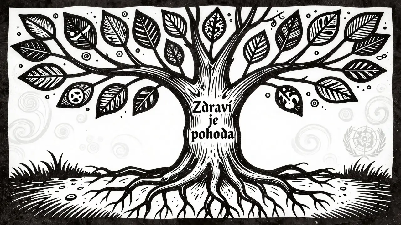 Strom s kořeny jako ruce a listy symbolizující emoce, na kmeni je nápis 'Zdraví je pohoda'.