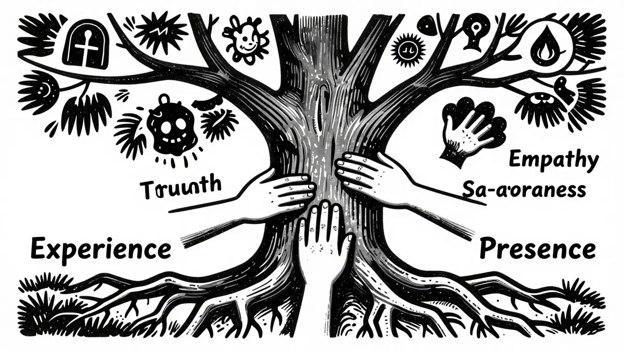 Strom s kořeny označenými jako 'Zkušenost' a větvemi 'Empatie', 'Sebepoznání' a 'Přítomnost'.