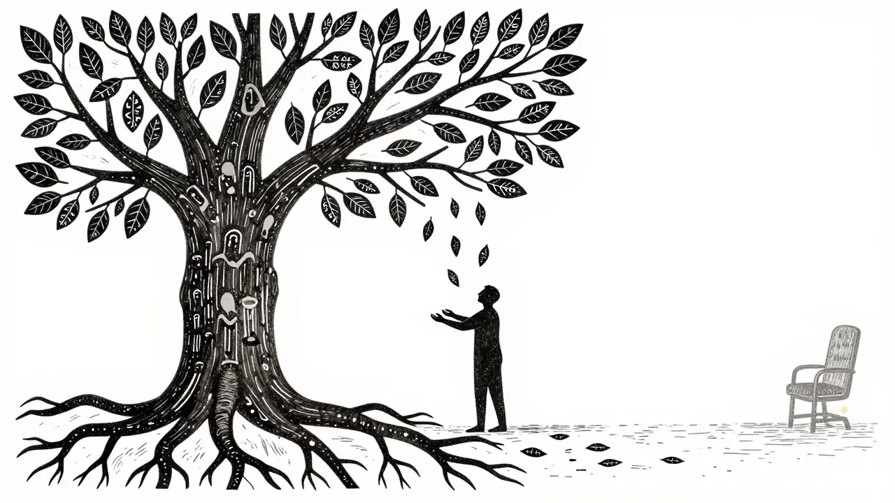 Strom s kořeny tvaru lidí a listy emocí, symbolizující lidskou psychoterapii v moderní době.