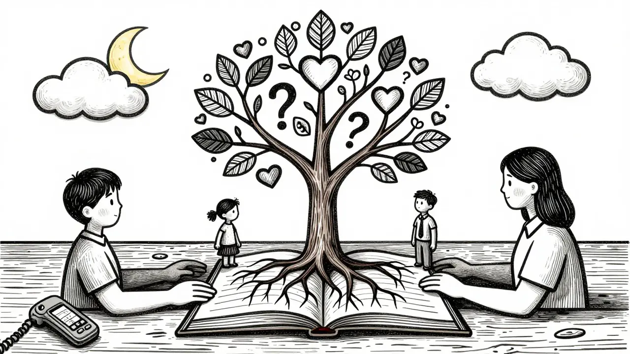 Strom s kořeny tvaru rukou spojuje dítě, rodiče a učitele — symbol podpory.