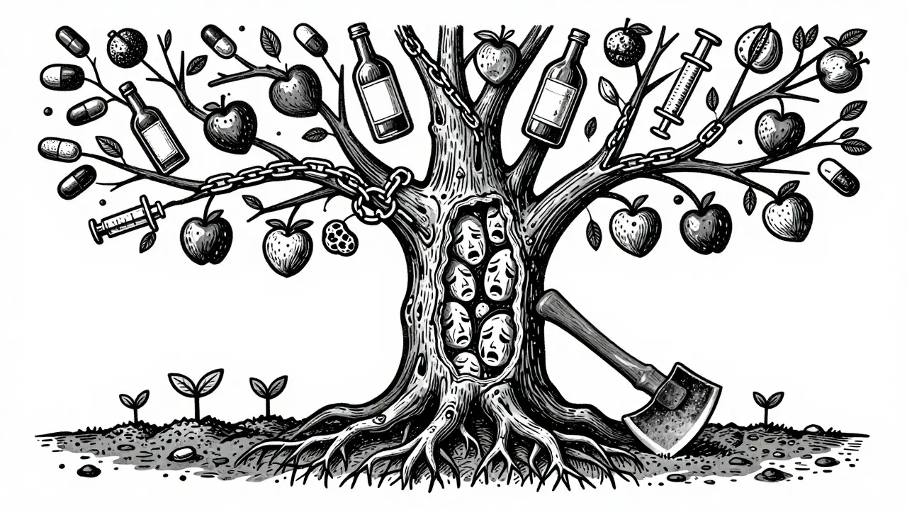 Strom s kořeny z řetězů a ovoce z léků, s osvěžujícími výhonky u kořenů.