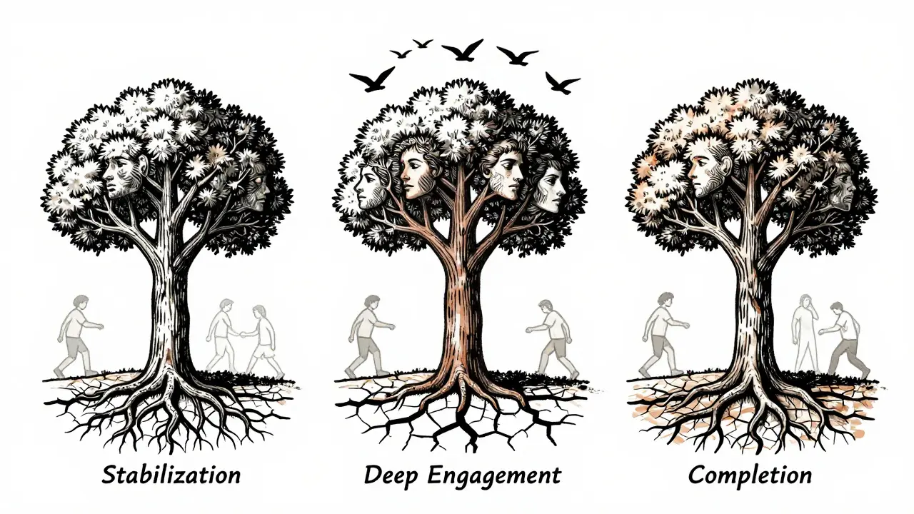 Strom s třemi fázemi léčby: kořeny, kmen a koruna, symbolizující proces mentalizace.