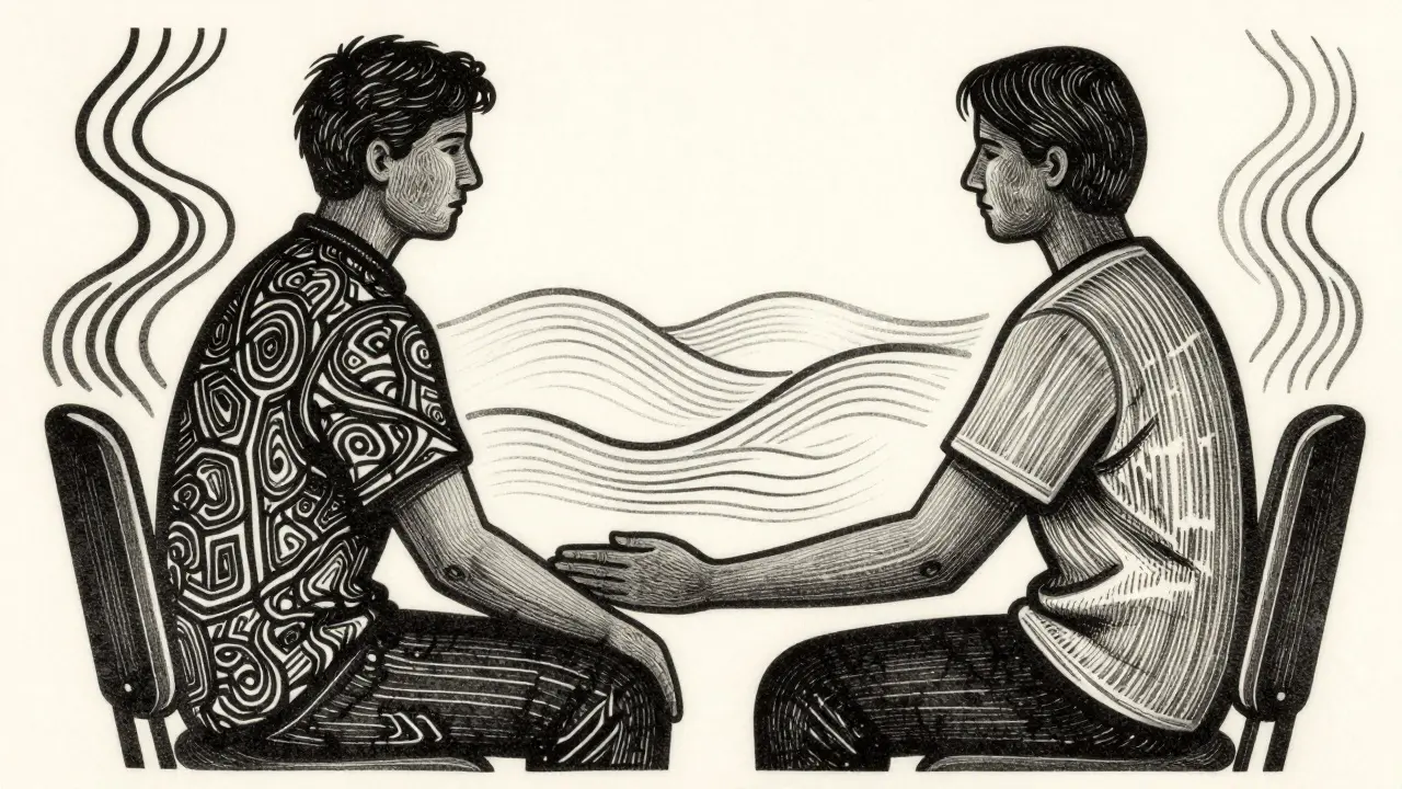 Terapeut a dospělý klient sedí vedle sebe, klient se dotýká své paže, kolem nich proudí temné a poté klidné dřevořezbářské linie.