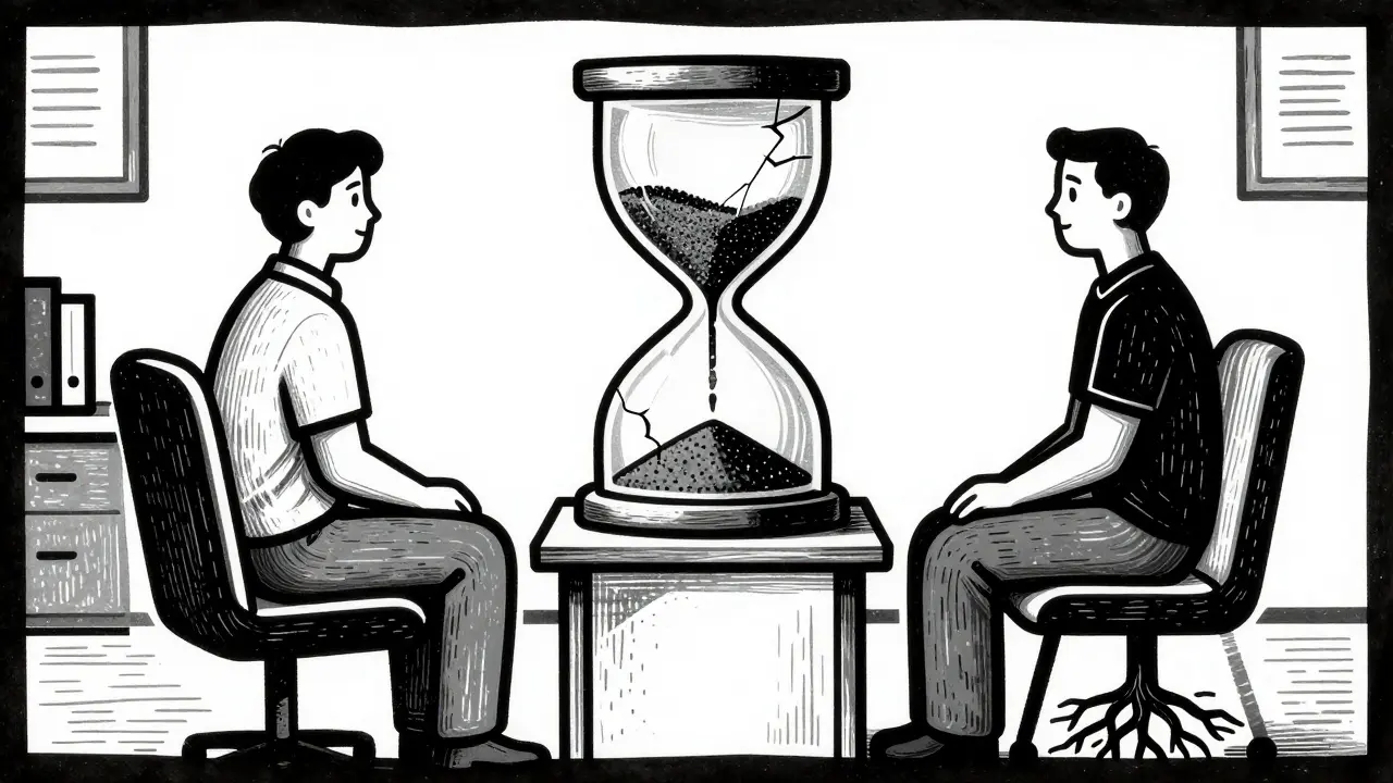 Terapeut a klient jsou odděleni prasklými hodinami, z jejich židlí rostou kořeny stromu.