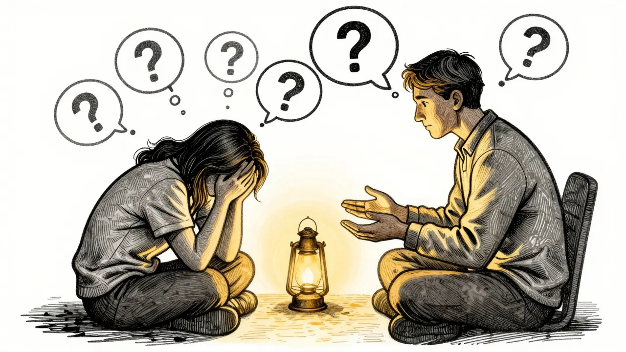 Terapeut a pacient v rozhovoru, kolem nich se objevují myšlenky a vzpomínky.