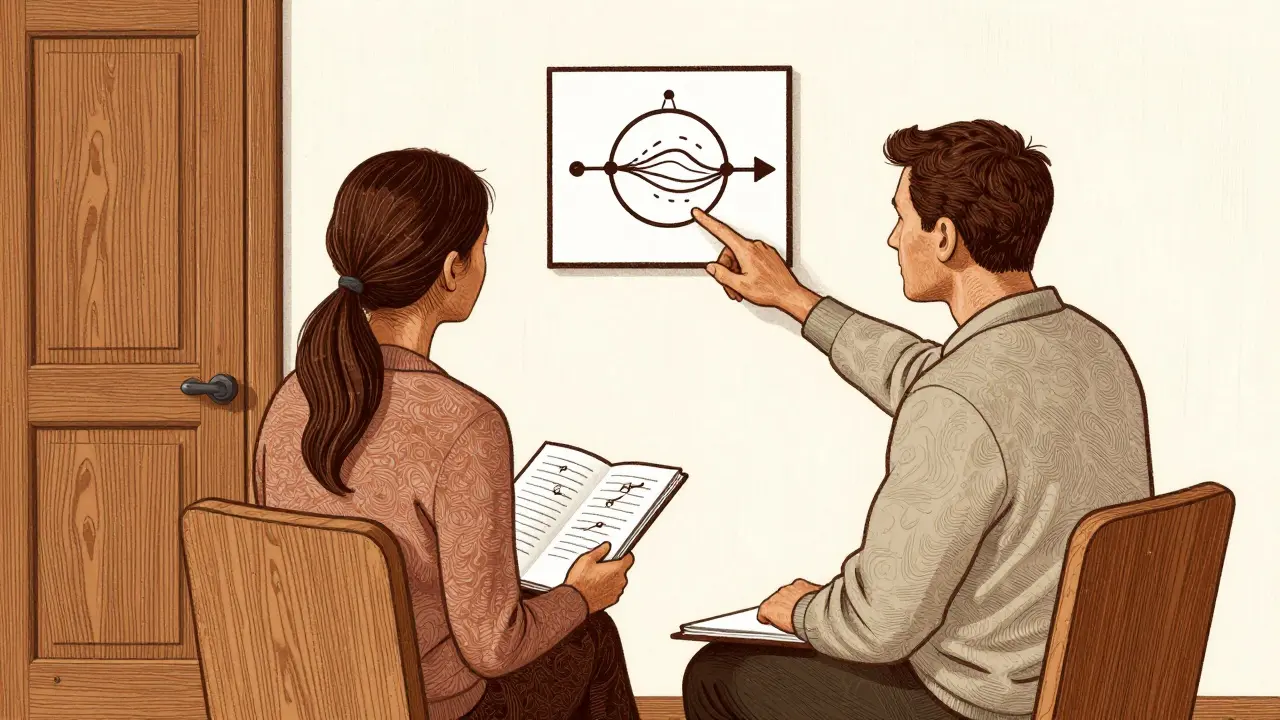 Terapeut a pacientka spolu hovoří, na stěně je polootevřené dveře.