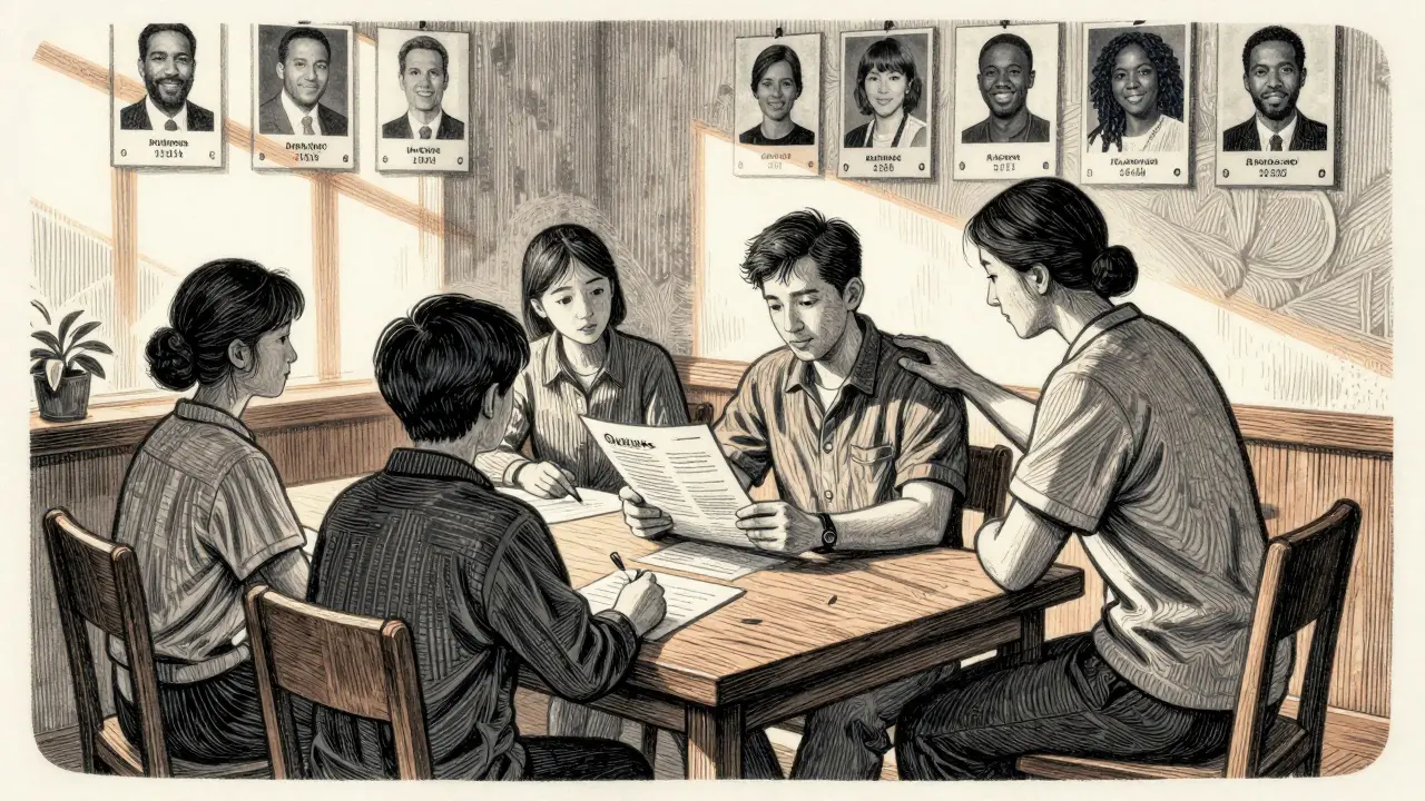 Terapeut podporuje bývalého závislého u stolu, kolem nich jsou znaky úspěchu.