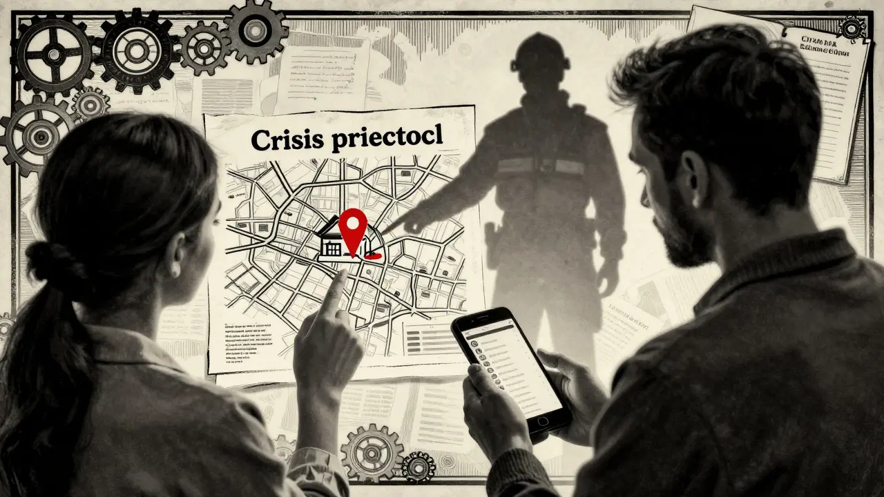 Terapeut ukazuje na mapu a telefon s nouzovým plánem, záchranná služba v pozadí.