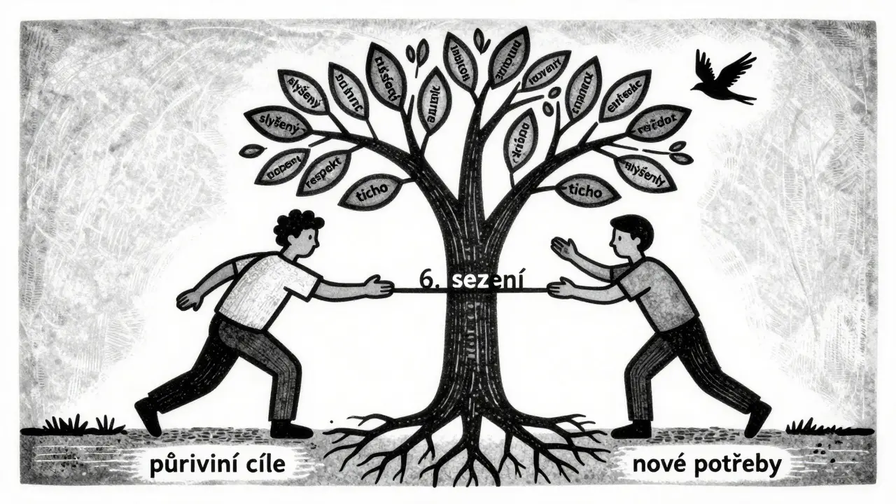 Terapeut ukazuje páru strom s novými cíli jako větvemi v dřevorytové ilustraci.
