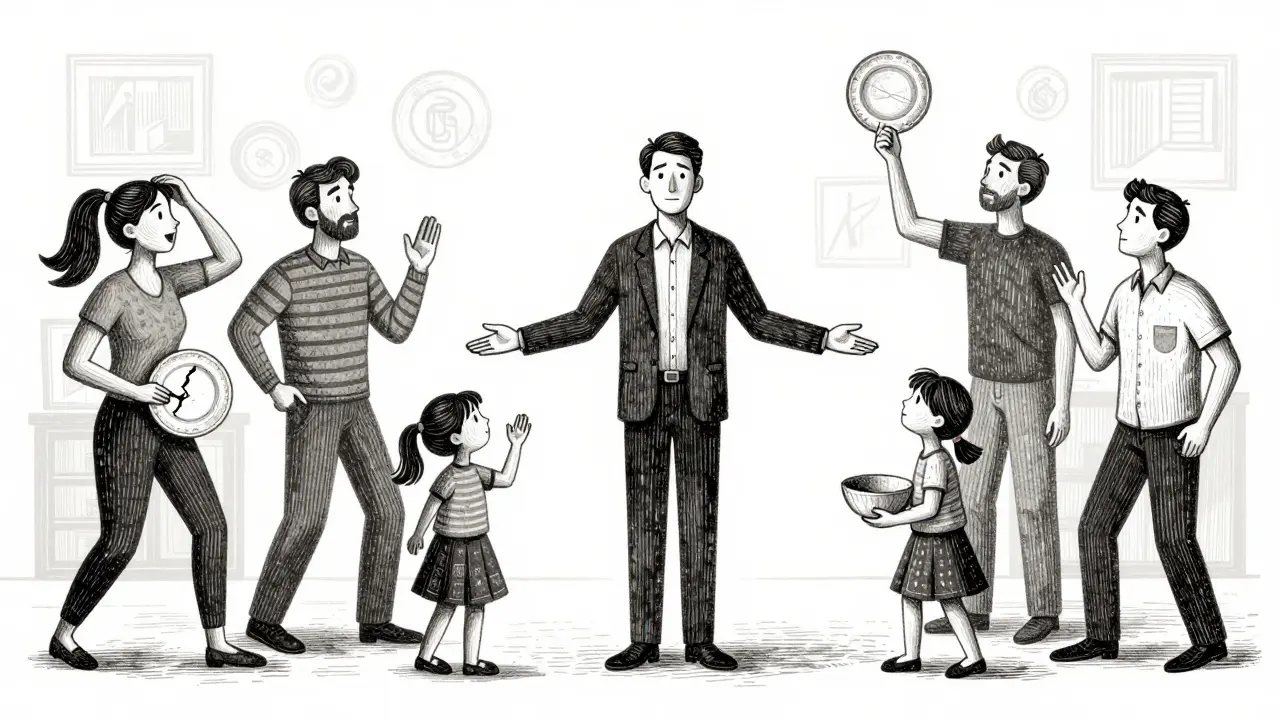 Terapeut ve středu rodiny, kde každý člen vyjadřuje napětí tělesným pohybem.