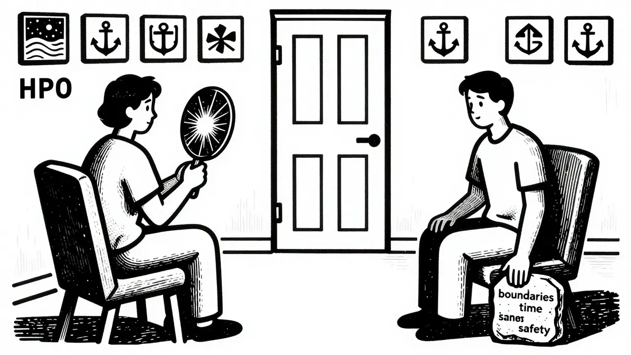 Terapeutická místnost s člověkem s HPO a jeho partnerem, stůl s kamenem a vyřezávanými symboly.