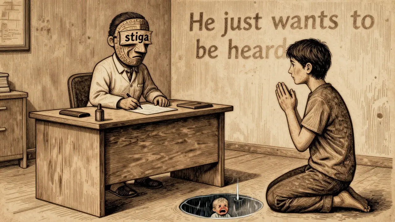 Therapist masked by stigma, patient kneeling as tear reflects a crying child.