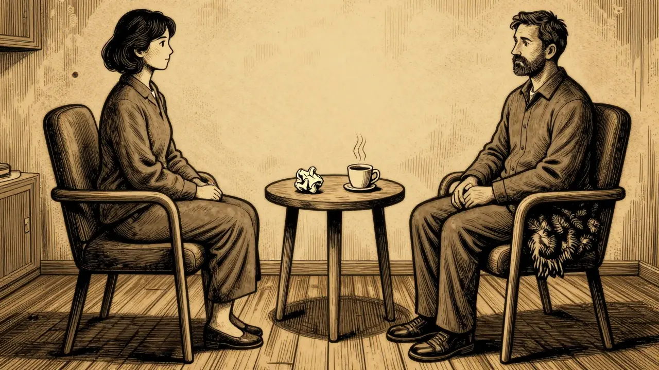 Tichá kancelář s dvěma židlemi, káva a zmačkaný papír na stole.