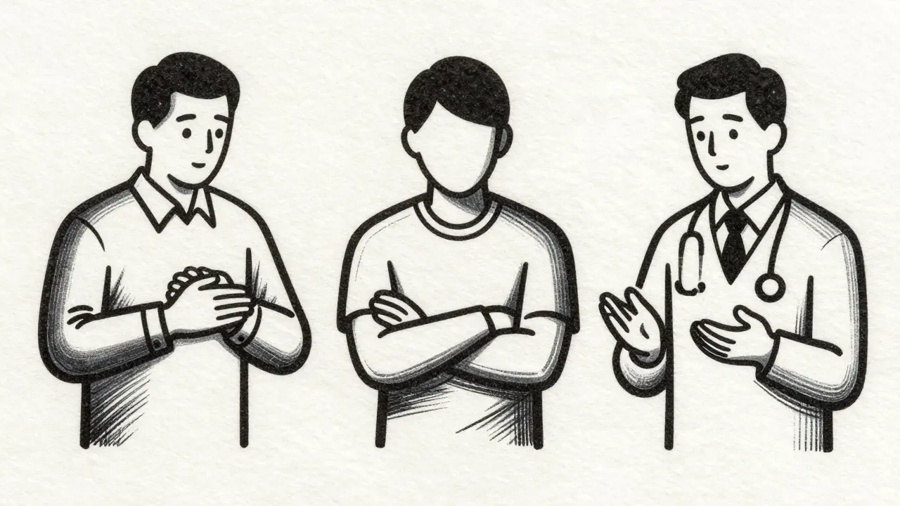 Tři různé obrazy terapeuty: jeden tlačí, druhý se zavírá, třetí otevírá ruce.