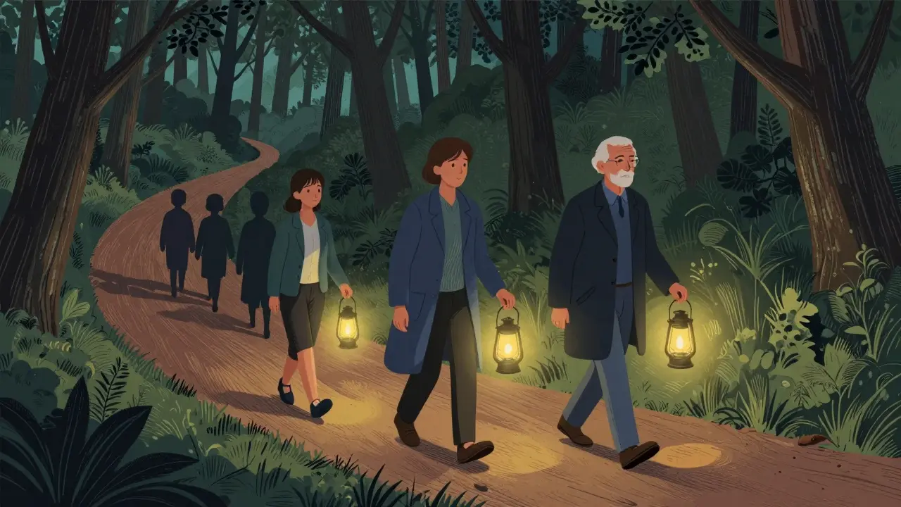 Tři terapeuti jdou cestou lesem, každý s laternou, jejich světlo osvětluje cestu klientů.