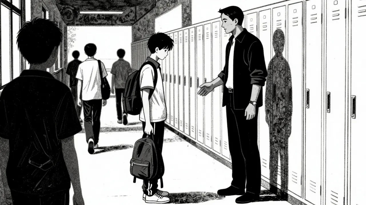 Učitel stojí vedle dospívajícího ve školní chodbě, nabízí přítomnost bez doteku.