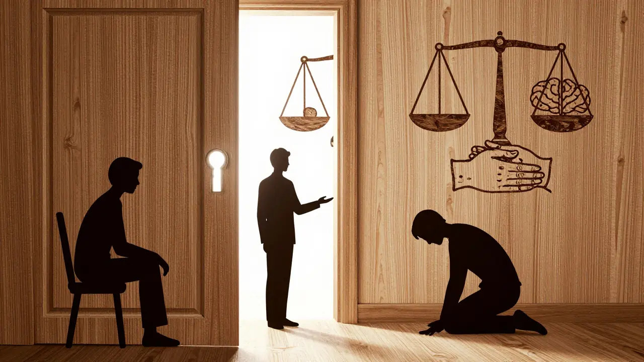 Zavřená dveře s výřezem světla, uvnitř tři postavy, na dveřích symboly srdce, mozku a rukou.