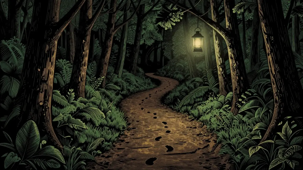 Cesta lesem v ranním světle, kde stopy stávají hlubšími a visí na stromě lampa.