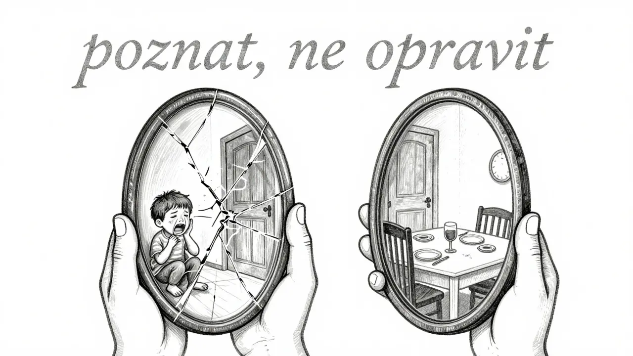 Člověk drží rozbité zrcadlo, v jeho odrazech se objevují scény z dětství.