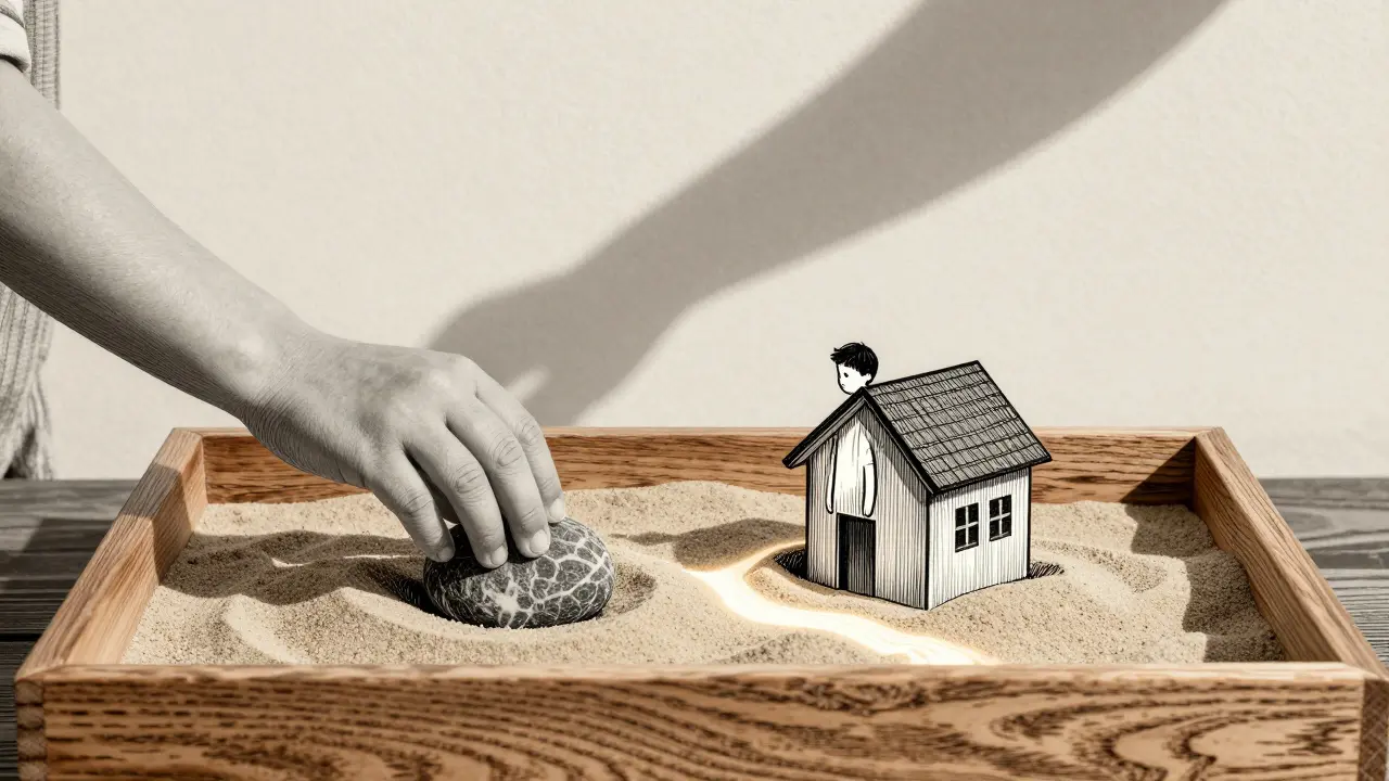 Dítě přesune kámen blíže k domku — symbolický krok k uzdravení.