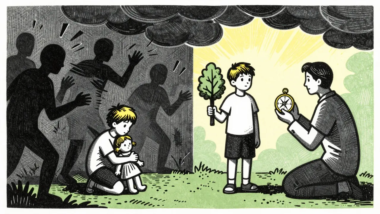 Dítě v temnotě vs. dítě s kompasem a stromem pod světlou oblohou – přechod od chaosu k útěchou.