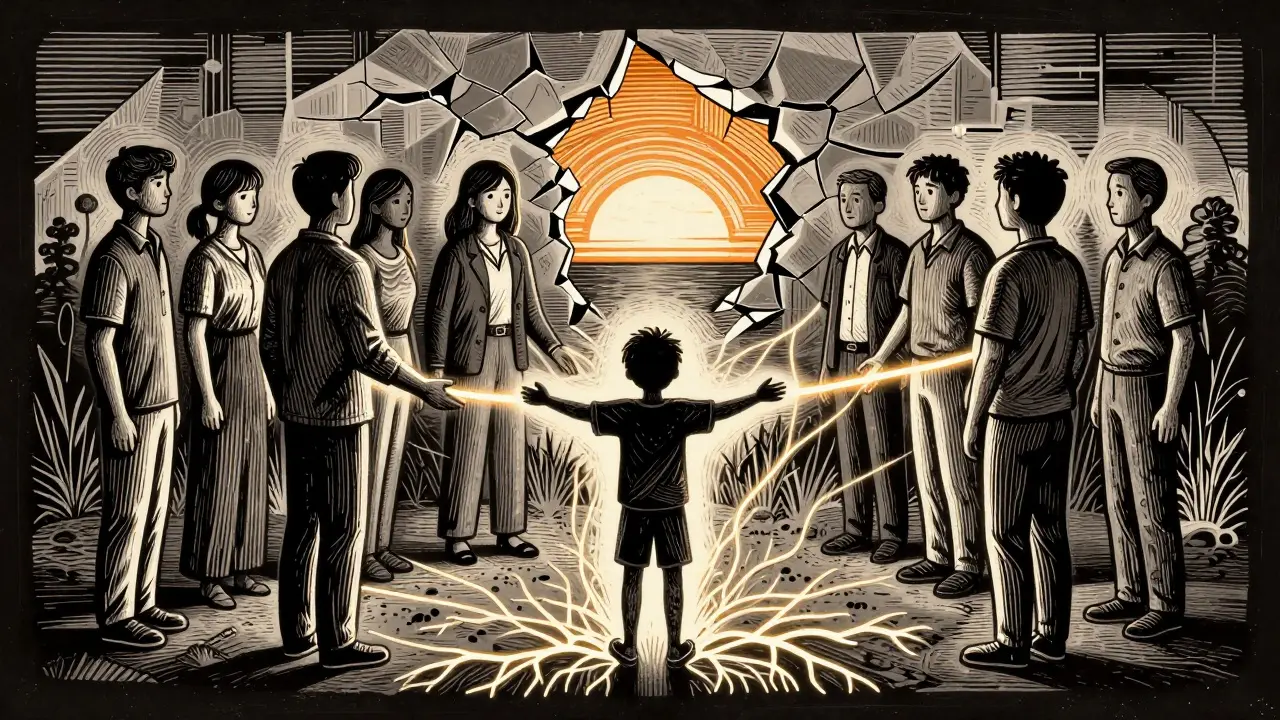 Dospělí stojí kolem dospívajícího, jejich ruce se dotýkají vzduchu, za nimi vychází slunce.