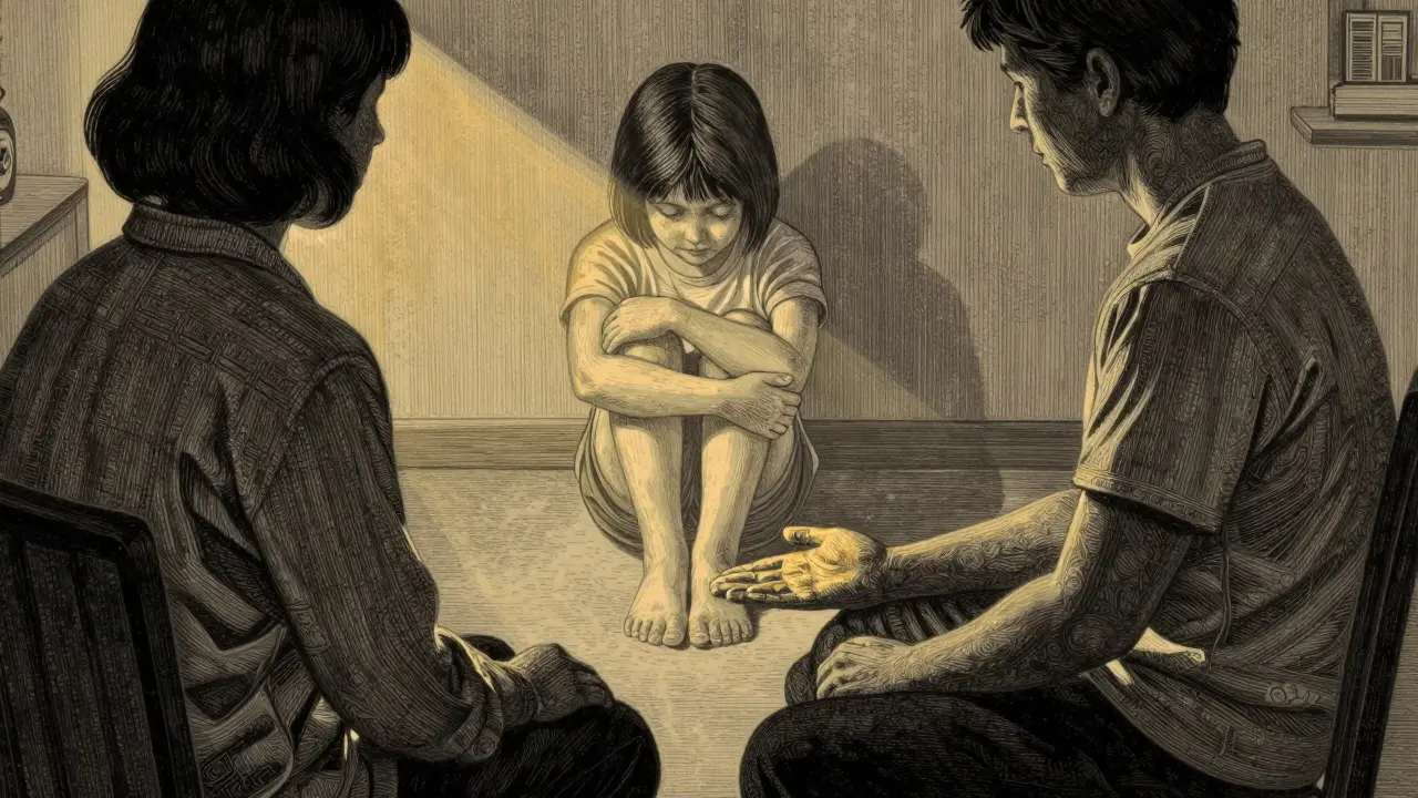 Dospělý člověk v terapii je spojen s vnitřním dítětem, které je osvětleno jemným světlem.