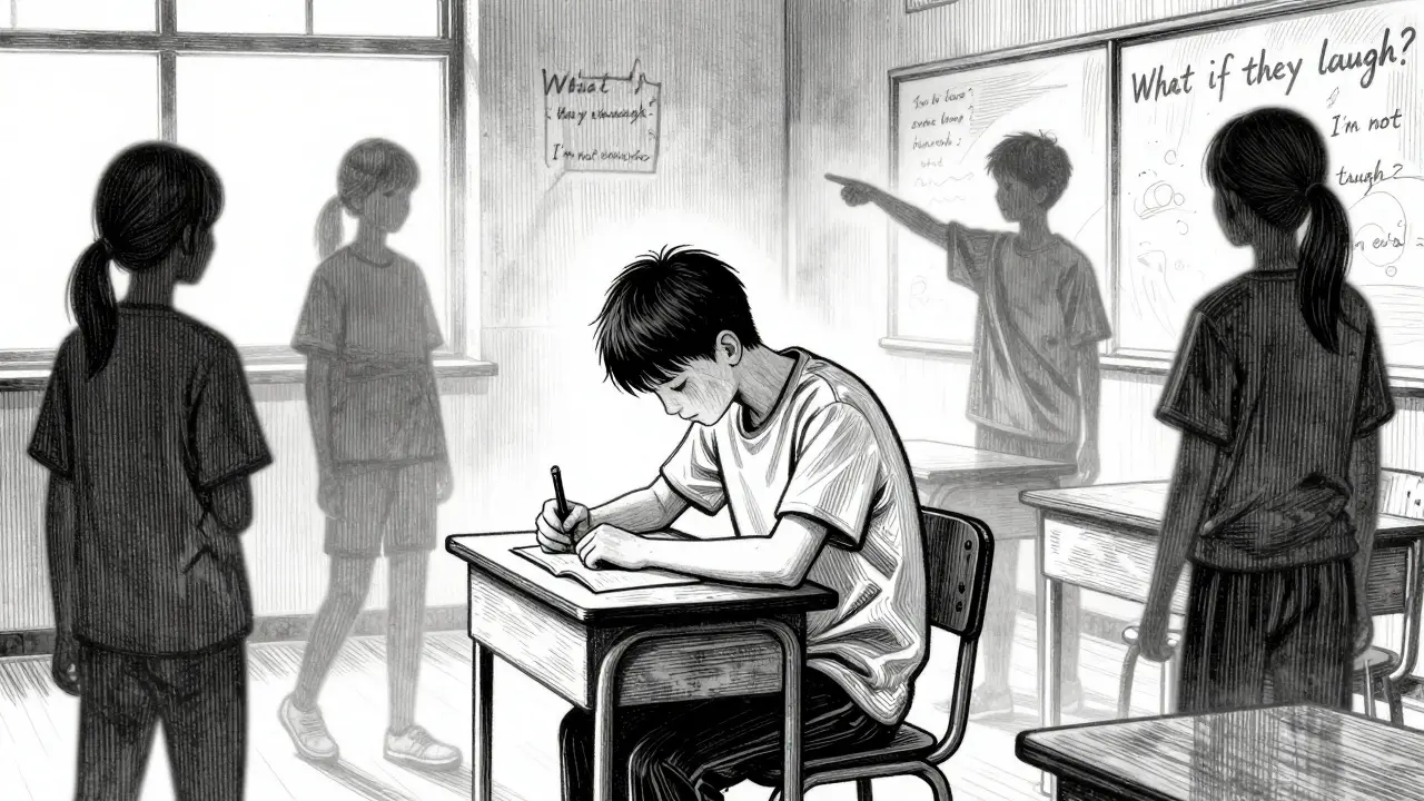 Dospívající chlapec v třídě, kolem něj stíny spolužáků, slova jako 'Co když se smějí?' jsou vidět na zdech.