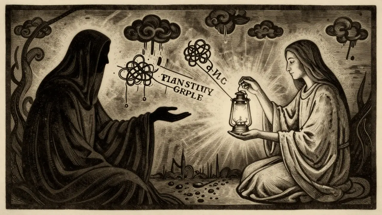 Dvě abstraktní postavy spojené textovým vláknem, jedna ve stínu, druhá s lucernou.