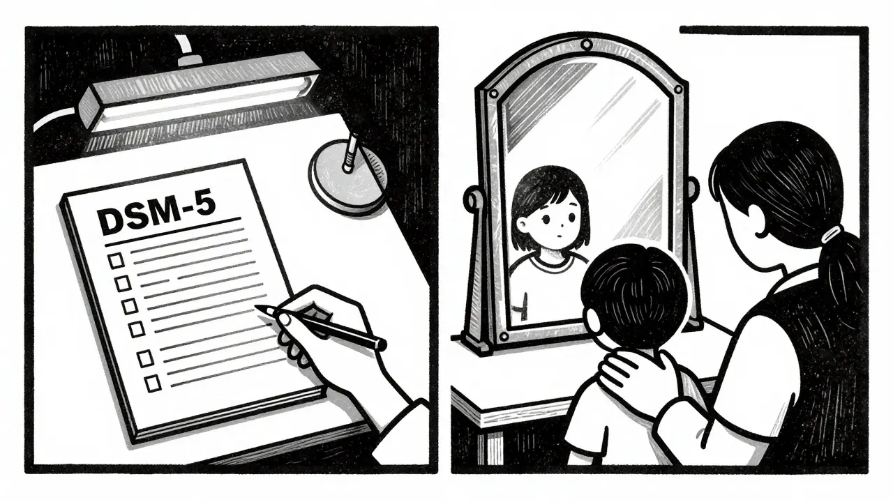 Dvě cesty diagnostiky: klinická kontrolní lista a zrcadlo dětských vzpomínek v jedné scéně.