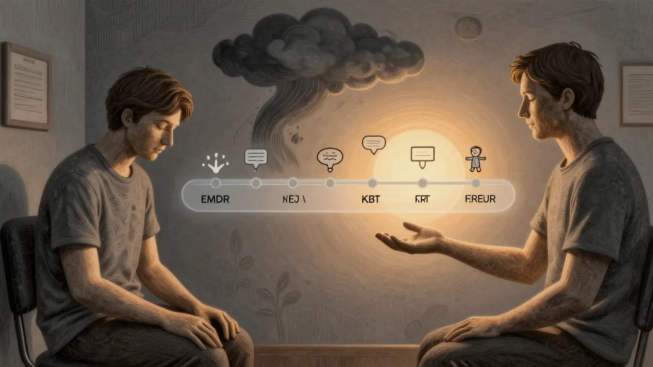 Dvě postavy v terapeutickém prostředí s časovou osou od temnoty k světlu.