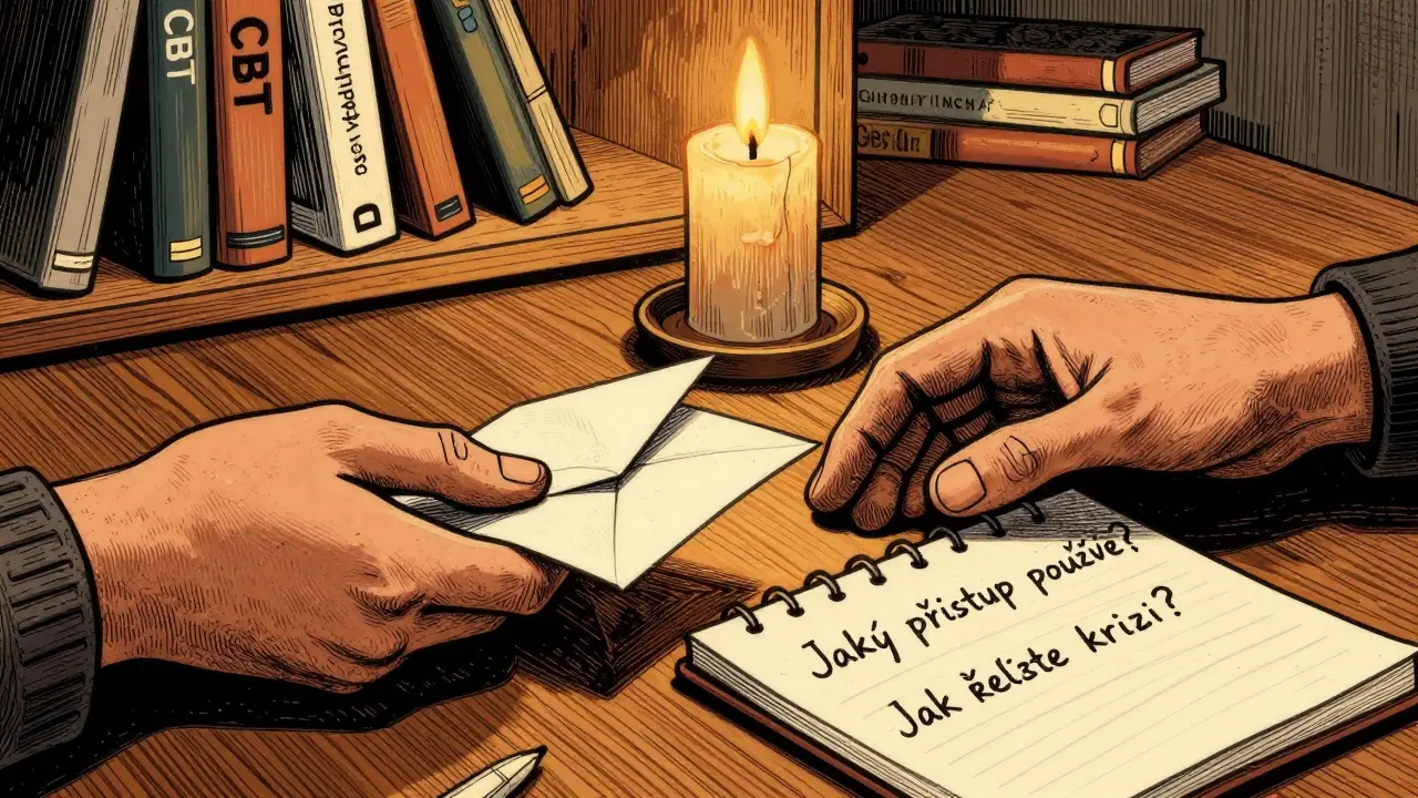 Dvě ruce se dotýkají přes stůl s otázkami pro psychoterapeuta