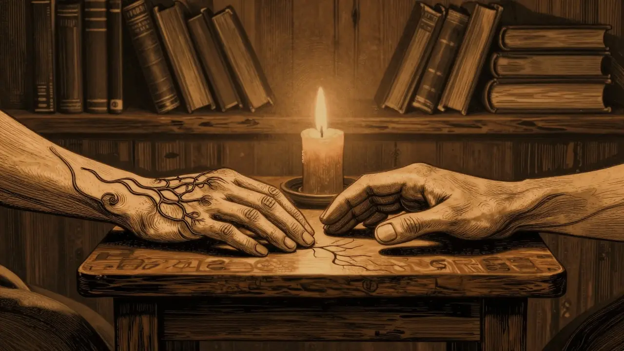 Dvě ruce se dotýkají přes stůl, spojené kreslenými kořeny a vinnými hříbky, znázorňující terapeutický vztah.