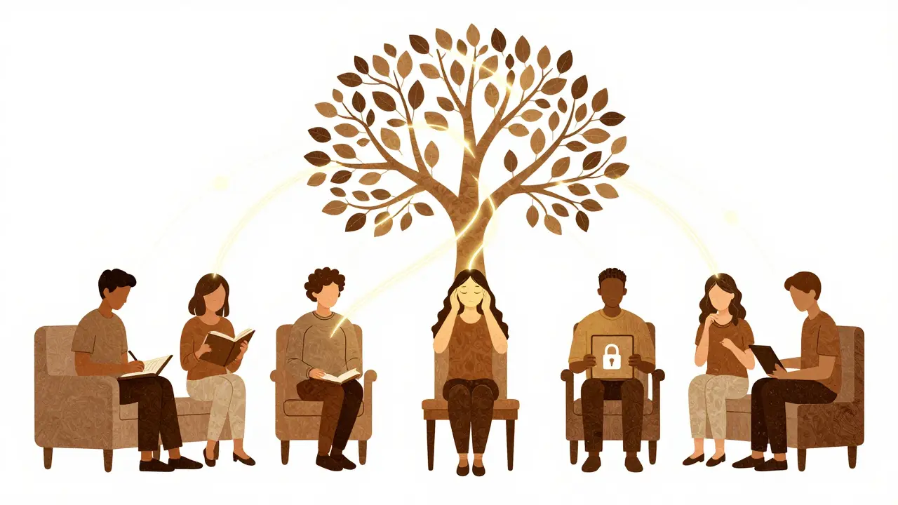 Lidé spojeni světelnými vlákny v šifrované síti důvěry, všichni v soukromých prostorech.