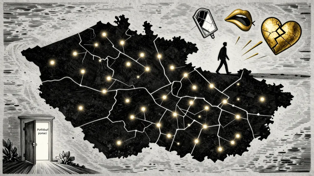 Mapa Česka s rozložením center pro trauma, kde venkovské oblasti chybí, zatímco jedna osoba hledá pomoc.