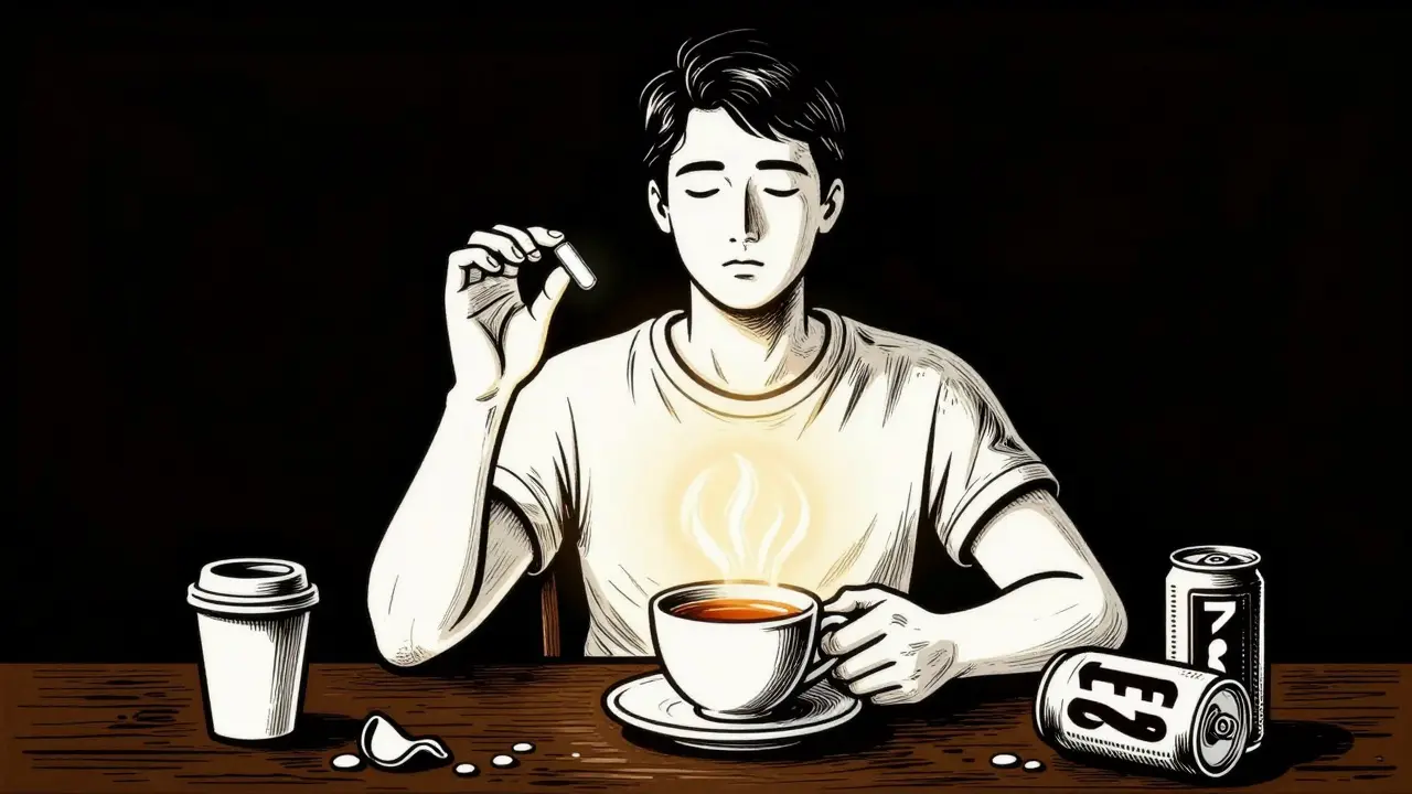 Osoba dýchá čtvercově a drží magnézium, kolem ní jsou odstraněné stimulantské nápoje.