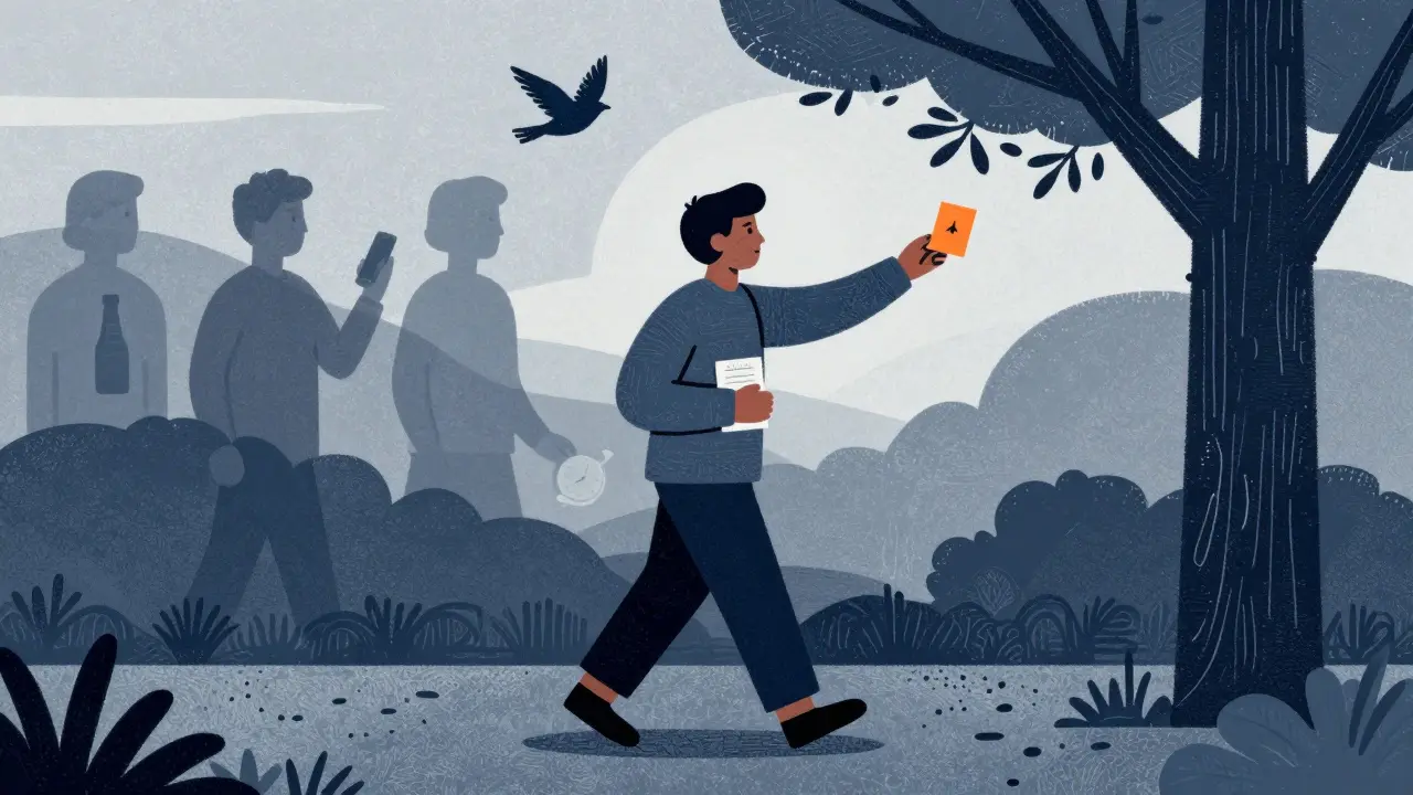 Osoba kráčí v šeru dne, drží kartu a směřuje k stromu, za ní stíny minulosti, před ní pták ve vzduchu.