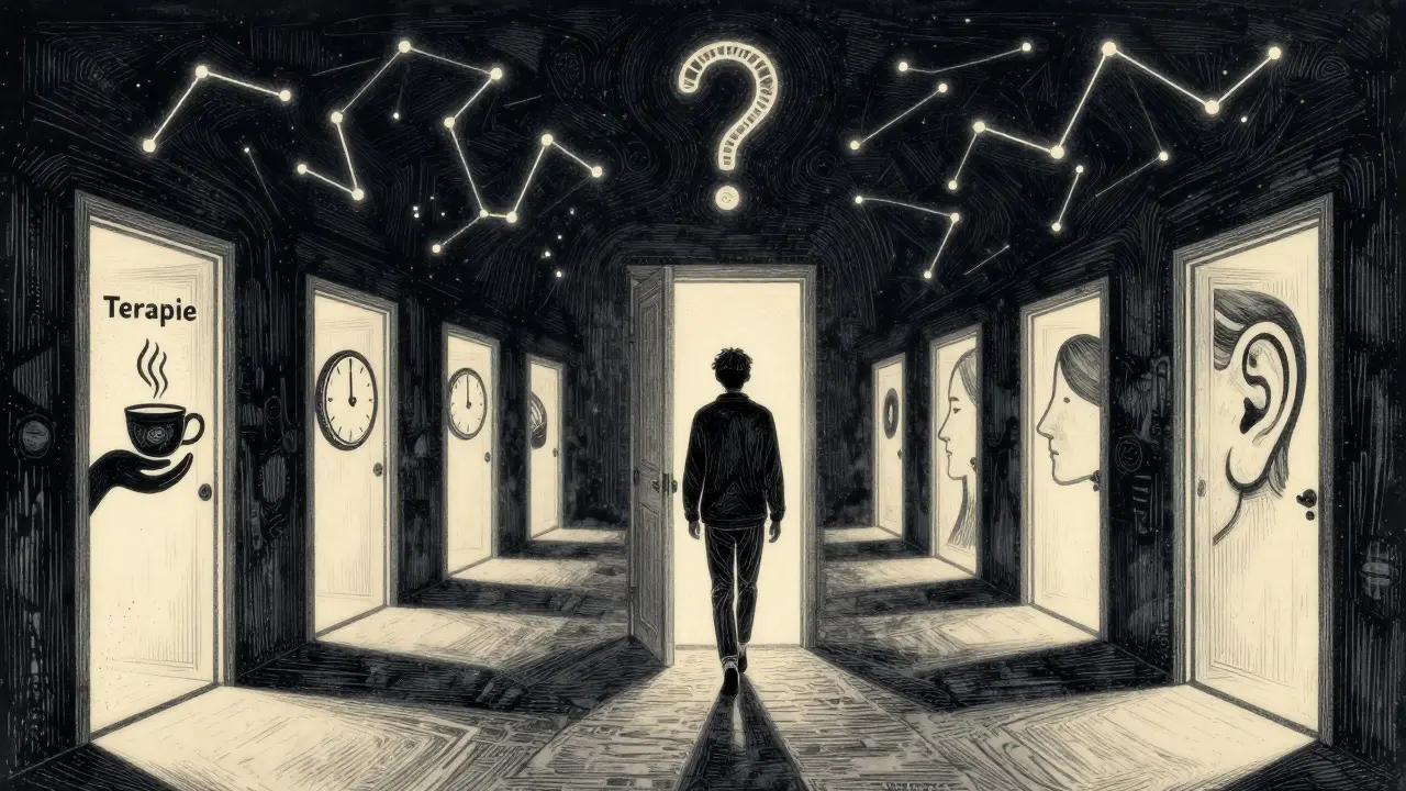 Osoba odchází od zavřené dveře směrem k mnoha otevřeným dveřím s různými symboly.