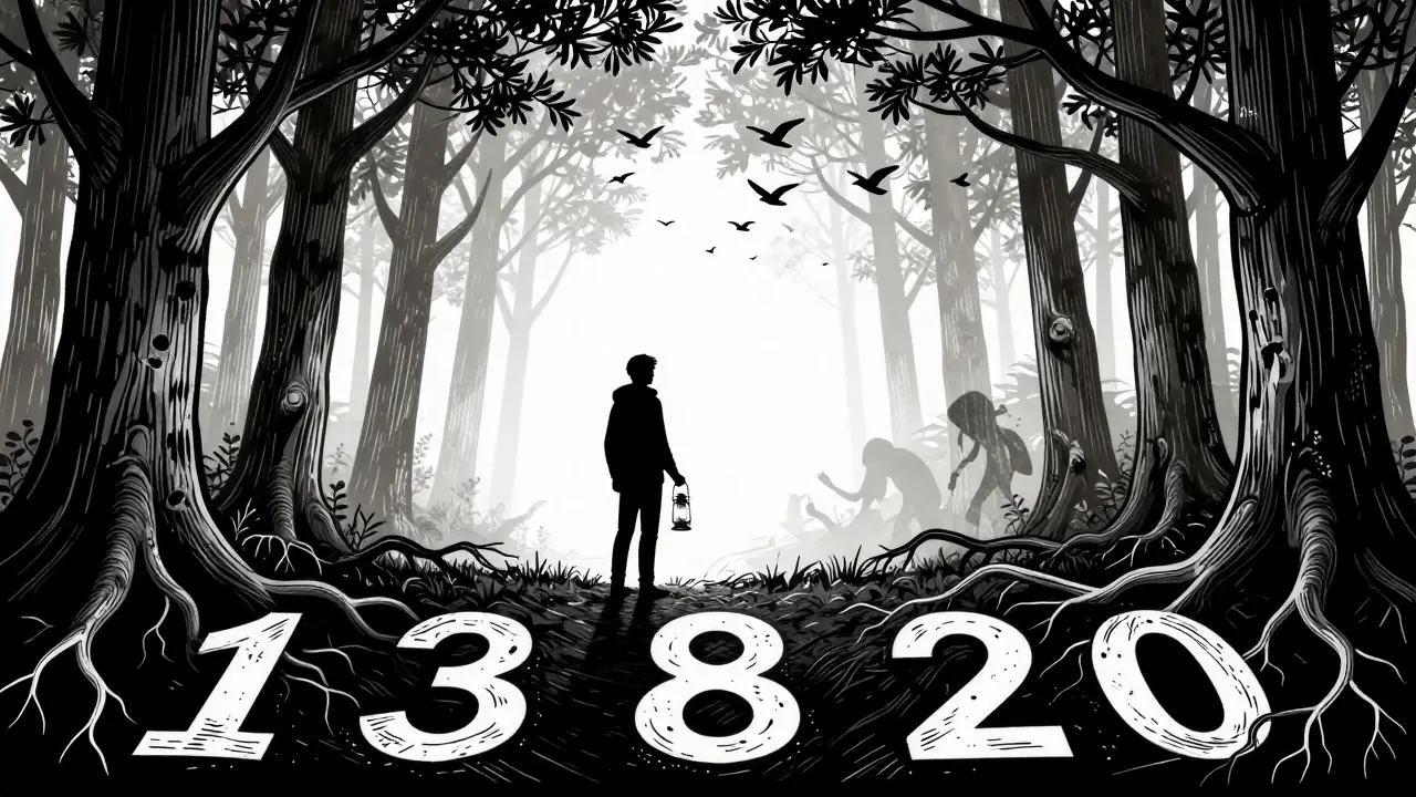 Osoba s lucernou stojí na hranici lesa, kde kořeny představují roky léčby PTSD.