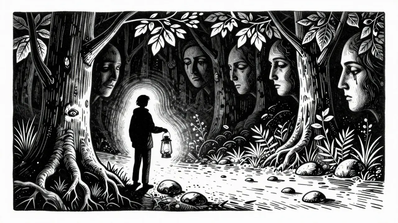 Osoba stojí na cestě do lesa s lucernou, stíny soudců se mění v kůru stromů, symbolizující vnitřní cestu.