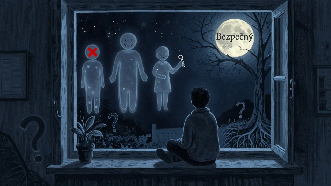 Osoba u okna s představami terapeutů a měsícem s heslem 'Bezpečný'