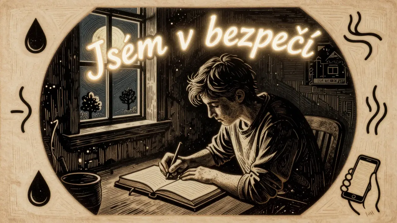 Osoba vede úzkostný deník v noci, nad hlavou se objevuje fráze 'Jsem v bezpečí'.