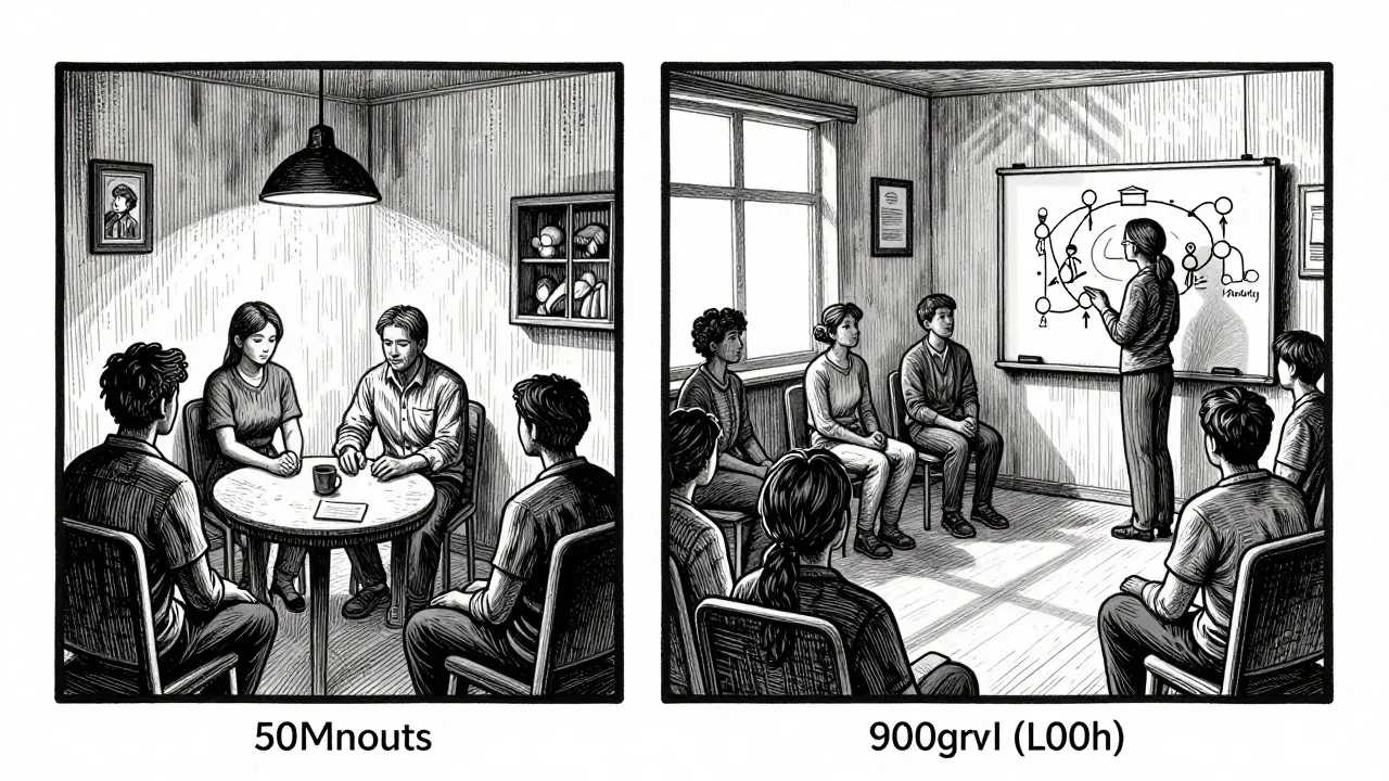 Porovnání 50 minutového a 90 minutového sezení rodinné terapie s různým počtem účastníků.