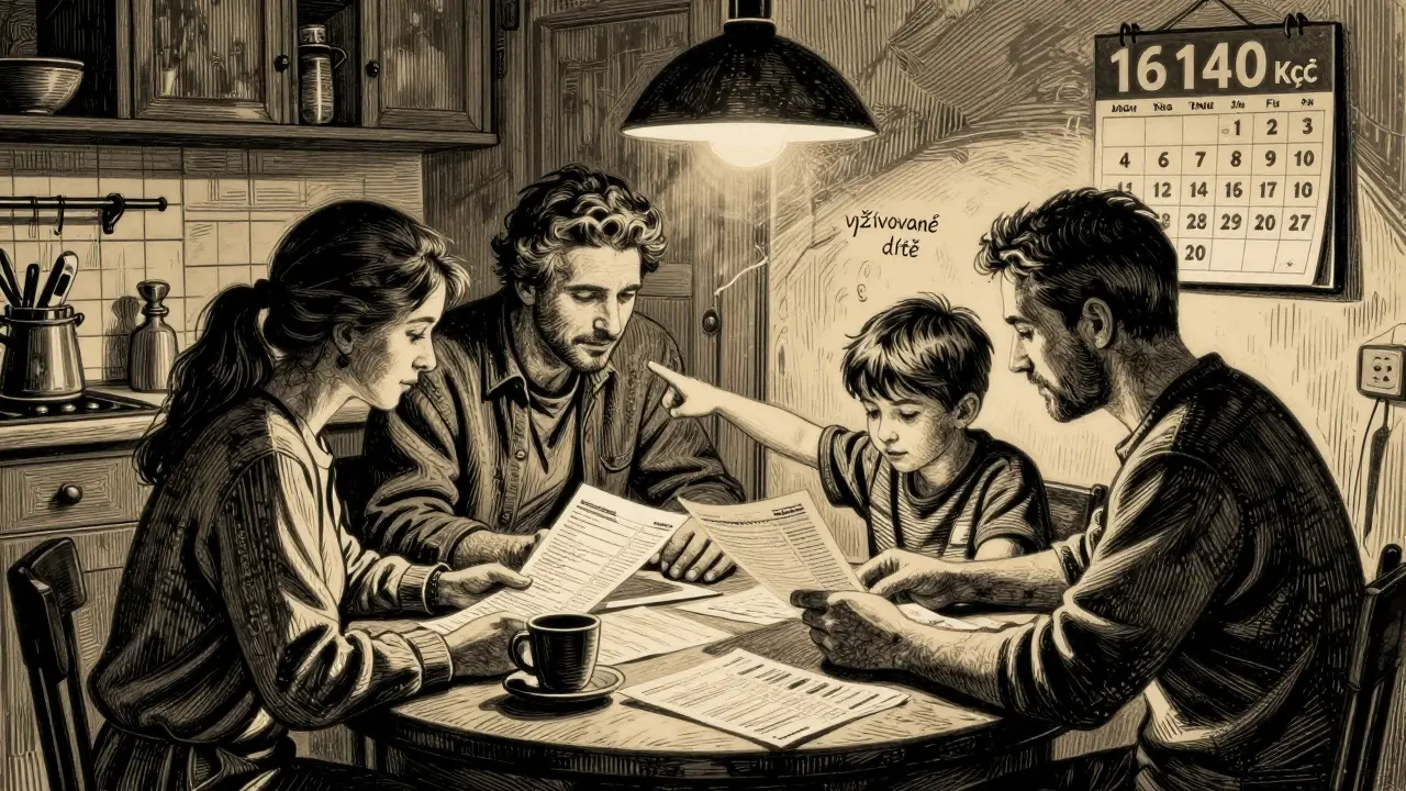 Rodina si při večerním osvětlení prohlíží daňové dokumenty s významným číslem 16 140 Kč.