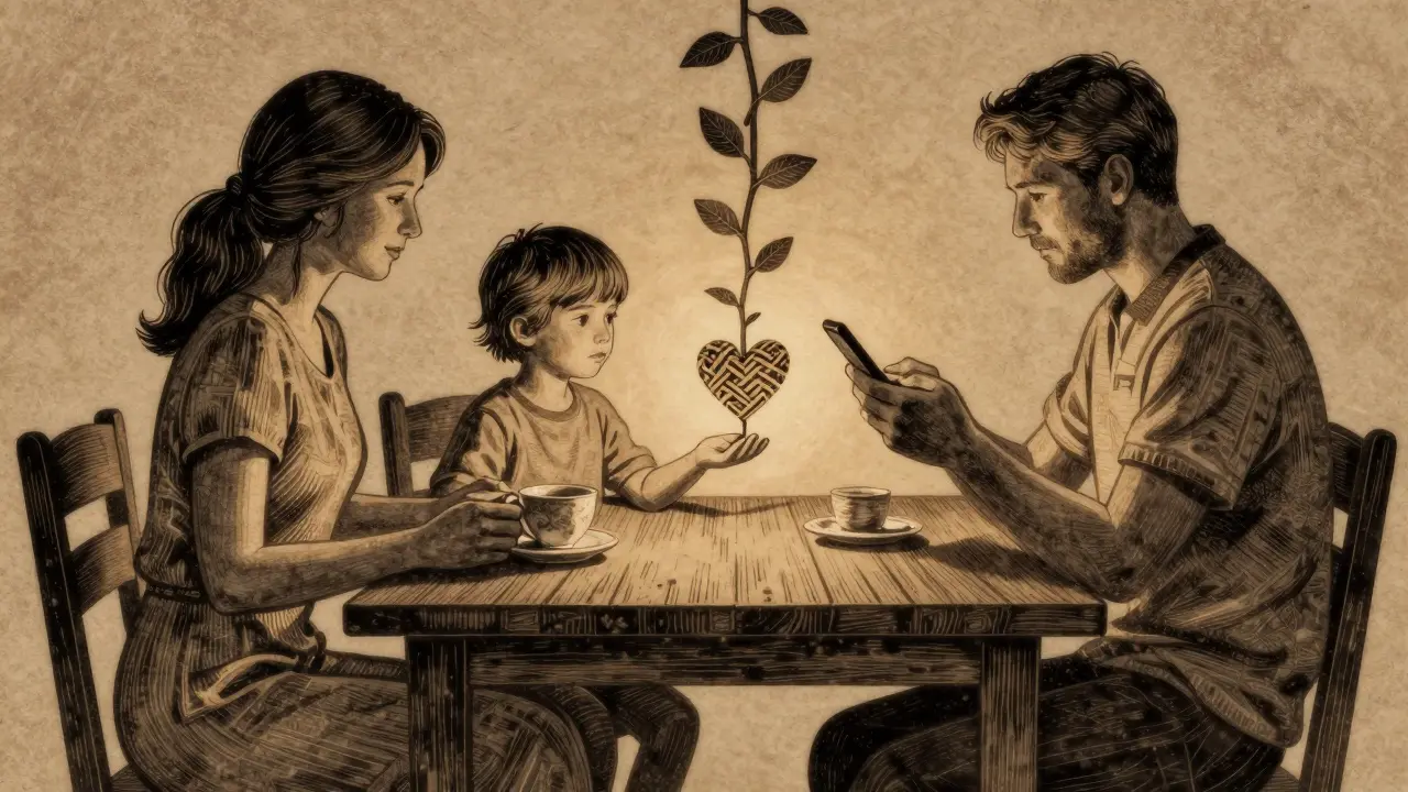 Rodina u stolu v tichém světle, každý oddělený čárkami, ale spojený jemným světelným vláknem.